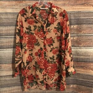 Zara peach floral sheer button down top